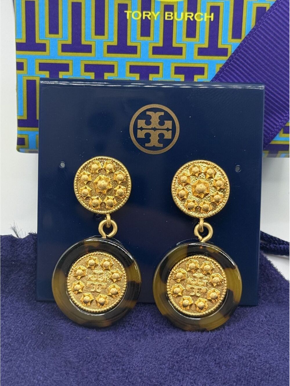 NEW! Tory Burch Shiloh Logo Drop Earrings Gold and Tortoise